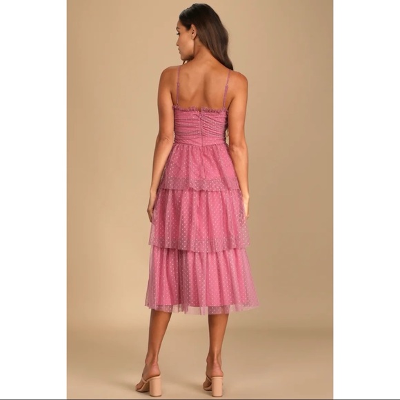 NWOT Lulus Sweetheart Style Mauve Polka Dot Bustier Tiered Midi Dress Small - Picture 5 of 12